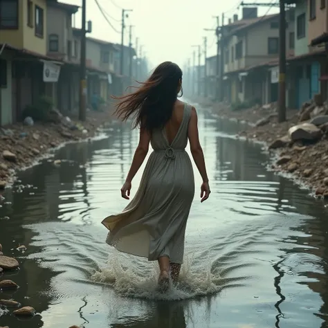 Hyper realistic image of a woman walking backwards between a flood disaster