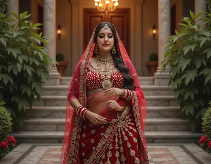 A hyper-realistic, ultra-HD (12k) cinematic graphic poster featuring a chubby Indian girl, around 20 years old, wearing a lavish traditional bridal lehenga in deep red and gold, adorned with intricate embroidery, sequins, and rich embellishments. Her jewel...