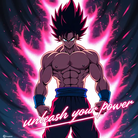 "Draw a bold anime-style character in an action pose, surrounded by glowing energy waves. Use neon colors and halftone patterns, with the phrase: Unleash Your Power in a stylized Japanese-inspired font."