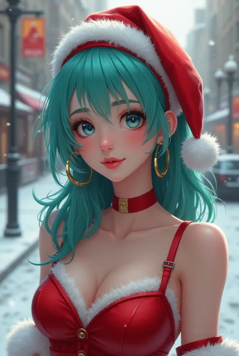 masterpiece, best quality, highest quality, photorealistic, perfect anatomy, perfect face, perfect eyes, aqua hair, brabulladbgt, red hairband, red dress, short red dress, hoop earrings, choker, solo, 1 girl, city, outdoors, sexy pose, smile, snow, Santa h...