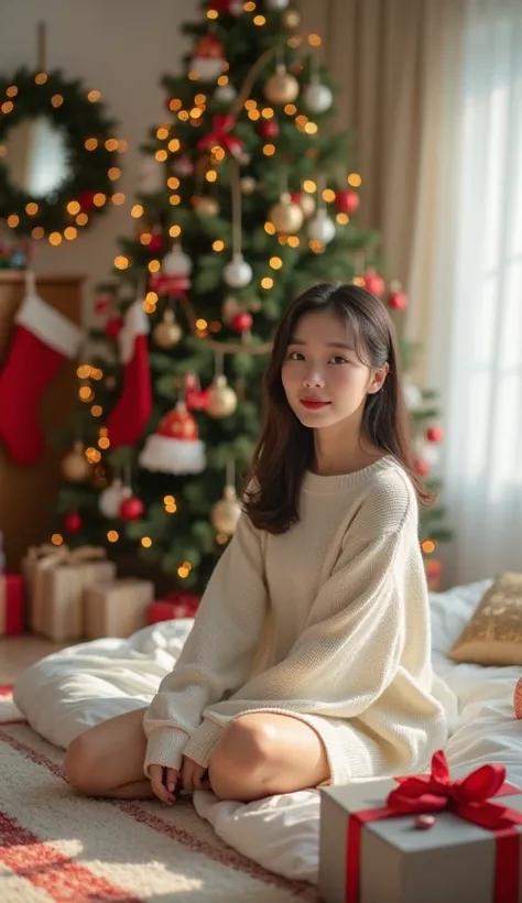 (masterpiece, top quality, best quality, official art, beautiful and aesthetic:1.2),(Ultra-realistic 8k CG),(photorealistic:1.4),1 1girl,white sweater dress,sitting on the bed,curtains,((blurry background:1.5)),((christmas tree:1)),christmas wreath,bell or...