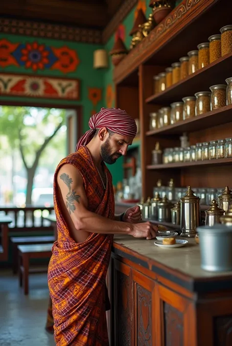 Lionel Messi making tea in KERALA tea shop.Messi wearing lungi and muslim cap.