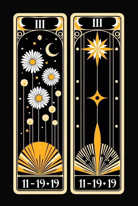 The image showcas intricately designed Art Deco tarot cards against a solid black background, side by side in a symmetrical composition. Both cards feature a cream-colored border that contrasts sharply with the black backdrop, emphasizing the central eleme...