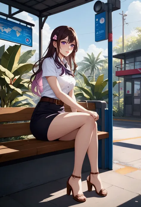 pretty woman, sitting posing on seat, roof bus stop, banana trees, (+swept-side bang, long wavy hair, half up half down, black hair, chestnut-brown streaked hair, lavender-purple streaked hair, chestnut-brown ombre, multicolored hair),  wear light-pink and...