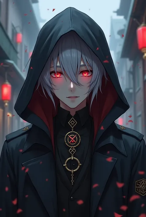 (photorealism:1.2), Handsome anime Adults boy who have eyes a red "x"-shaped pupil and wearing Gothic Hooded Trench Coat, Steampunk Medieval, Elder ring amulet on his neck, Nameless Mist on the background, intricate details, perfect quality,