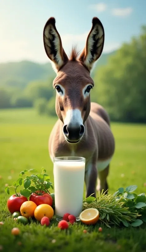 Create a vibrant and eye-catching thumbnail for a YouTube Short titled "Natures Superfood: Donkey Milk." The image should prominently feature a healthy donkey named "Vaishakh Nandini" standing in a lush green field, with a focus on a glass of fresh donkey ...