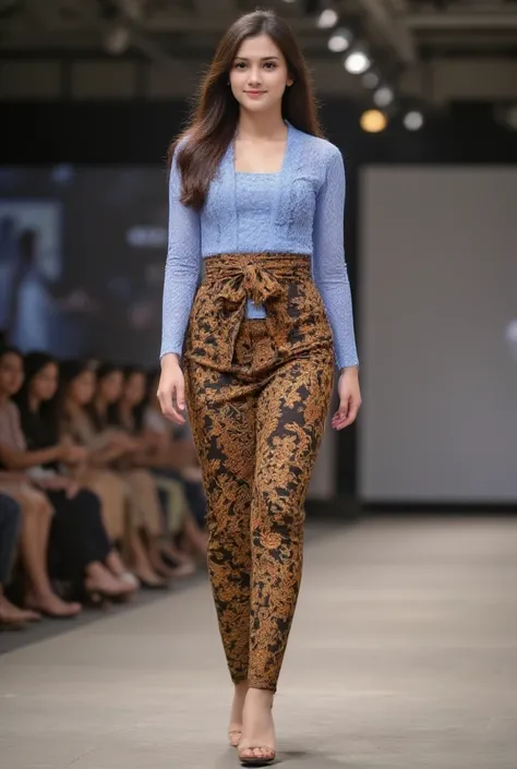 
a beautiful 20 year old female model from Indonesia wearing a blue kebaya and brown closed batik sarong and wearing high heels and she walked on the kebaya fashion show stage and her expression was a thin smile and her body was slim 