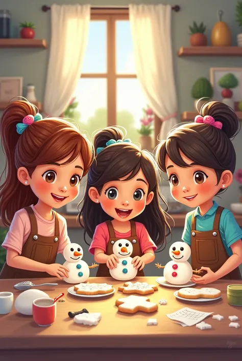 Three girls make cartoon snowman cookies 