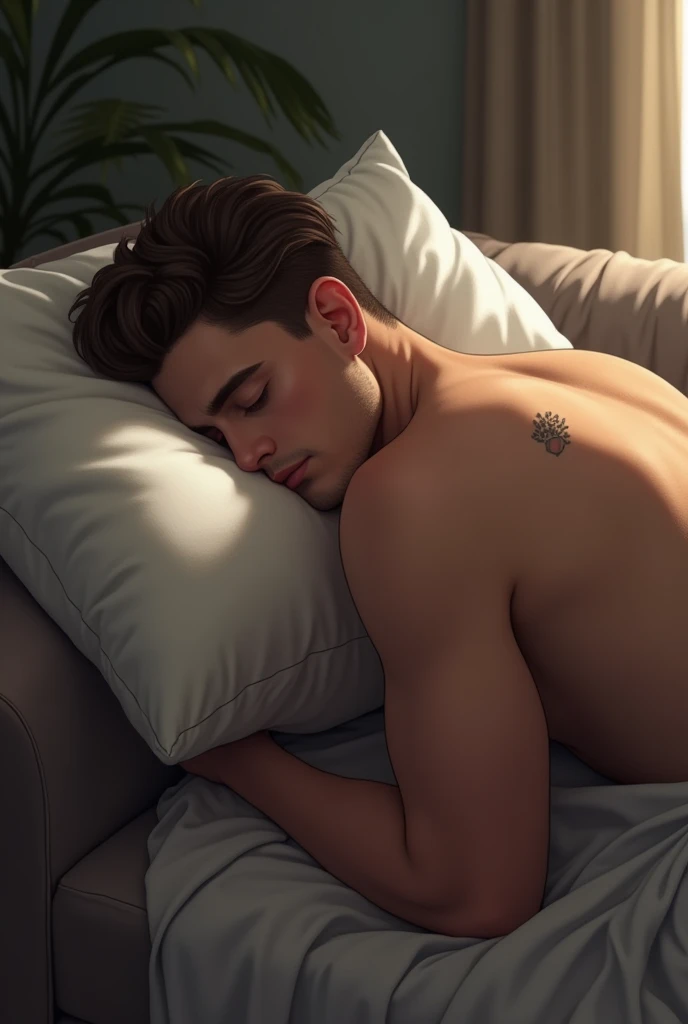 handsome tall boy sleeping on the couch in his back with a little back tattoo in the morning covering his face with pillow