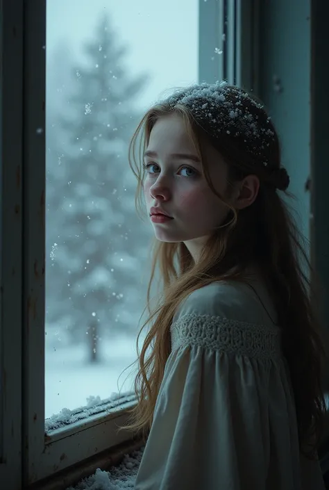  Generate an image of a Ukrainian girl with long brown hair and a very defined face.
 The girl is at school and looks out the window and cries .
 Its snowing a lot outside .
 Add a text above with  "Karyna its winter "