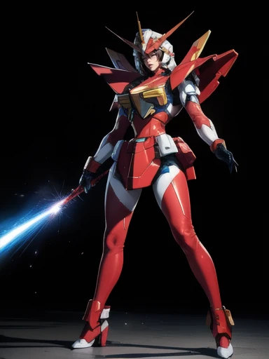   full body shot ,  very detailed,  costume was inspired by Gundam.、8k, Actual Photos, Impressive lighting,  Dynamic Action Poses , Great energy effect, Red palette, Simple costume design, Advanced Technology, Heroic and powerful,  theres a big waterfall i...