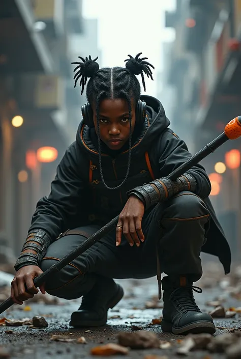 18 year old black adult male, Hazel colour eyes, medium length black hair in two strand twists that covers forehead. Wearing black headphones, Wearing a poncho with orange highlights, crouching in futuristic, gritty space city, holding black metal bo-staff...