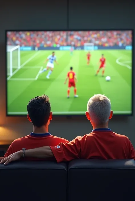 Old Ronaldo and messi, watching soccer game of ren playing, in a casual fits