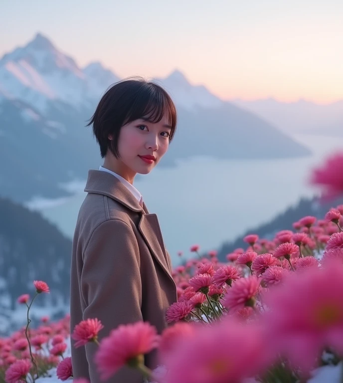 Realistic, pretty Asian woman 45 years short pixie cut dark brown hair, wearing shirt and coat, looking at viewer, standing in front of bright pink gerbera garden hillside, snowy mountains on the background, foggy day, pink -blue sky , winter atmosphere 