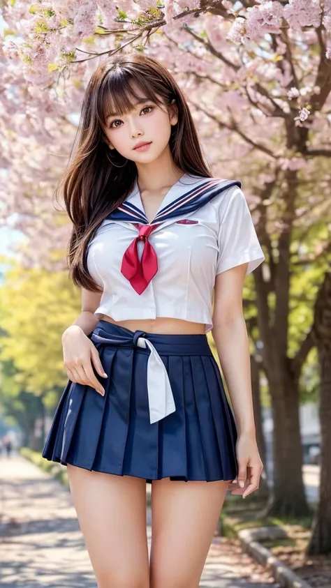  Masterpiece , best quality, very detailed, Kampala ,( realistic ,photo  realistic :1.37),(cowboy shooting:1.2),(Thighs:1.4),  excellent anatomy, beautiful Japanese woman ,  serious high school girl ,  but the skirt is very short ,(middle),(well-proportion...