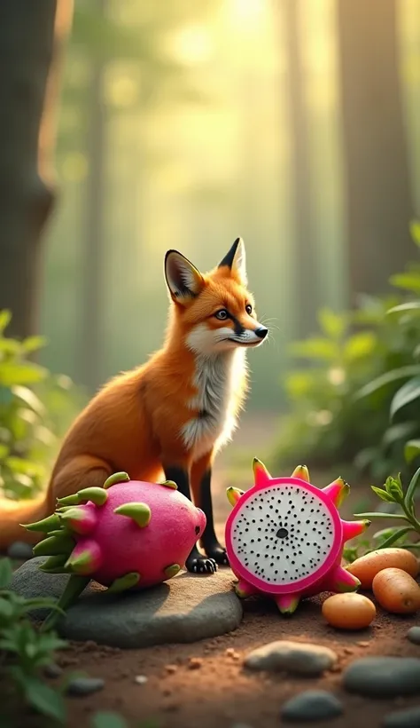 Create 32k ultra-realistic, masterpiece art of a fox, dragon fruit, and sweet potatoes as distinct entities in the same frame. The fox stands gracefully on a forest path, its fur sleek and glowing under the dappled sunlight. Nearby, a vibrant dragon fruit ...