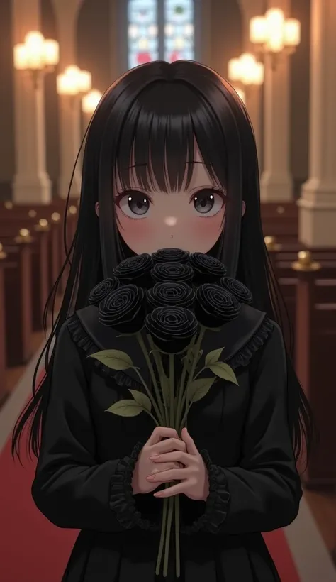 18 years old、A cute Japanese girl with a perfect face 、 hides her mouth with a bouquet of black roses、 high definition 、 realistic 、 long black hair 、 frill shirt 、recruit suit 、 ruffle gothic dress、 The background is a church decorated with candles