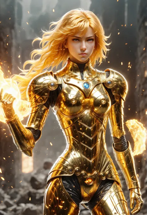 (masterpiece), ( is the best quality), ( 1 girl), Girl in golden armor,  Cool Poses , Battlefield Background, Flame Background,  Saint Seiya armor ,  messy hair, Damaged Armor,  Ragged clothes 