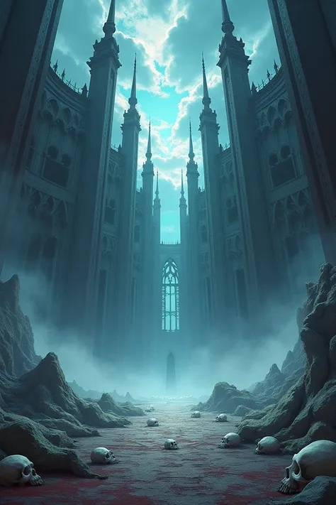 A jujutsu kaisen inspired domain expension called angelic palace of the sealed soul, it may be called angelic but it makes you cant control yourself and it looks like torment place, theres skulls on the floor but the sky looks like heaven, background, no c...