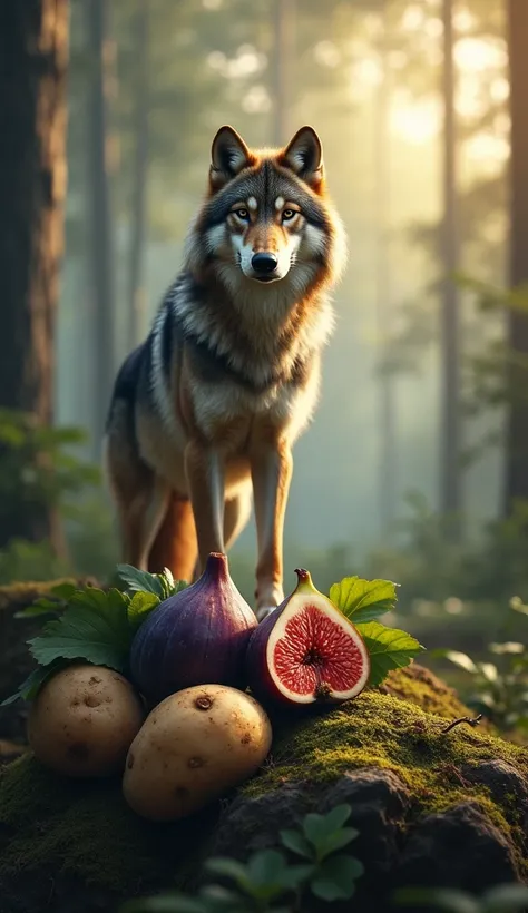 Create 32k ultra-realistic, masterpiece art of a wolf, figs, and potatoes as distinct entities in the same frame. The wolf stands confidently in a misty forest clearing, its sleek fur gleaming in the soft moonlight. Nearby, a cluster of ripe figs rests on ...