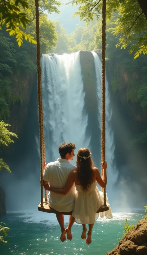 Masterpiece,  couple shot, candid moment, a very charming and romantic couple on a swing in front of huge waterfalls, beautiful forest, inspired by the painting of Pierre auguste cot, realistic, real, soft lighting, blush, innocence, 32k , raw photo, Looki...