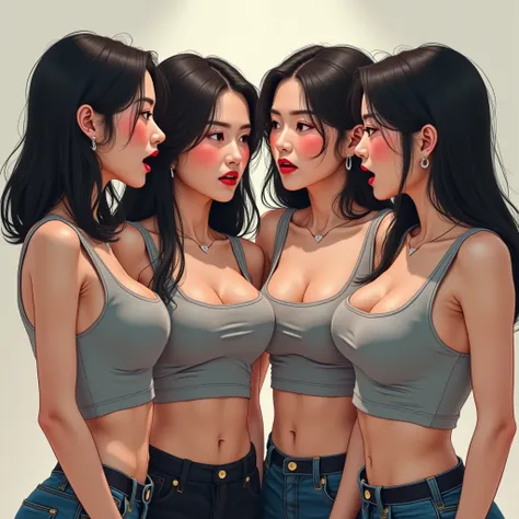  4 Korean girls ,Medium chest,gray tank top,Two people touching their breasts,contempt