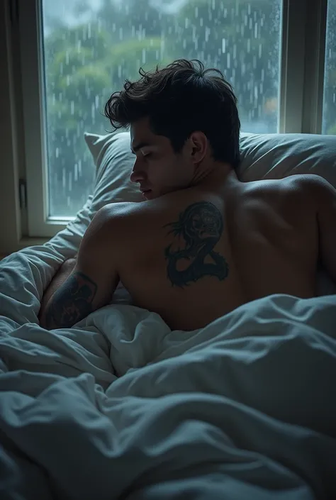 handsome tall boy sleeping laying on his back in the bed sleeping in the rainy day with back tattoo covering his face with pillow