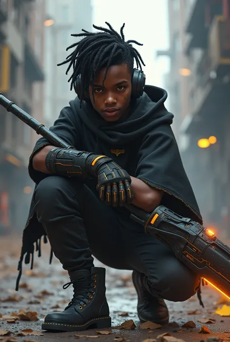 18 year old black skin male, Hazel coloured eyes, black hair in two strand twists that reach eyes. Wearing black headphones, Wearing a poncho with orange highlights, crouching in futuristic, gritty space city, holding black metal bo-staff with glowing oran...