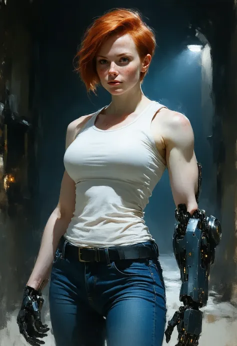 gritty brutal DC comics painting art style; Irish ginger adult forty years old athletic woman with a pixie hairstyle and freckles, she dressed a white sleeveless sport top high neck with blue jeans, she stands and holding a robotic arm in her hands, clean ...