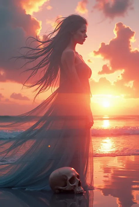 high quality, 8K Ultra HD, A beautiful double exposure that combines an goddess silhouette with sunset coast, sunset coast should serve as the underlying backdrop, with its details incorporated into the goddess , crisp lines, The background is monochrome, ...