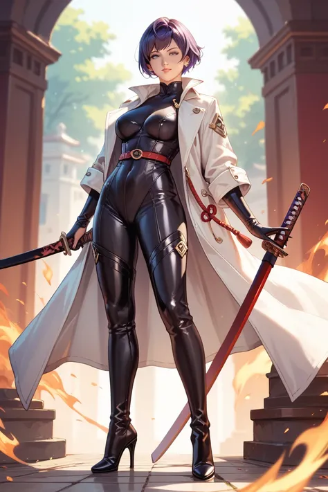 Fire Emblem art style, Middle-aged woman, detailed mature face, black bodysuit, pixie short hair, dark purple hair and eyes, pale skin, long high heeled boots, white coat, long black and red Katana, anatomically correct hands, standing still