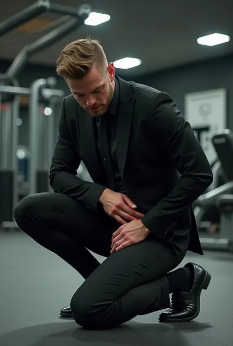 At the gym，Young, sexy and charming German。 mans crotch testicles hurt a lot，Kneeling on the ground，Two hands hold the testicles at the crotch，grab the crotch testicles with both hands。Black leather shoes，Black socks，Black suit， black tie。