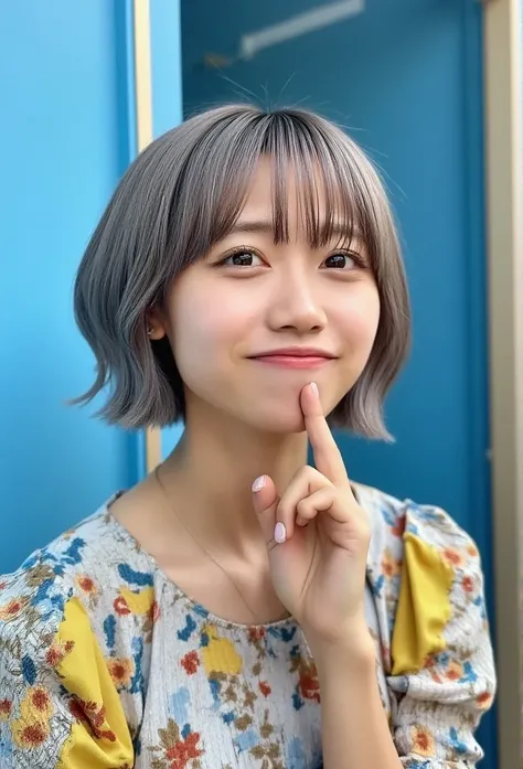  very cute girl、************、 shorthair、Grey Hair、 reduce hair volume、 blue background、 upper body、( upper body写真:1.5)、 Eyes Focus、 colored shirt 、Laughter、、(8k、 RAW photo、 top quality、  Masterpiece  :1.2)、( realistic 、 realistic :1.3)、、 depth of the writt...