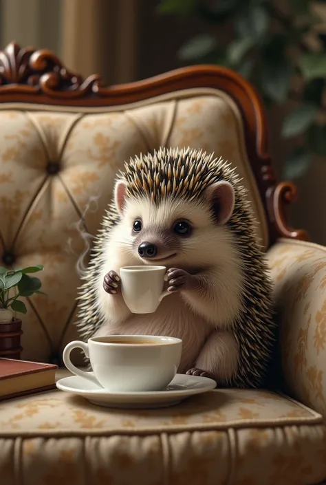 Hedgehog sitting on a Victorian sofa drinking coffee