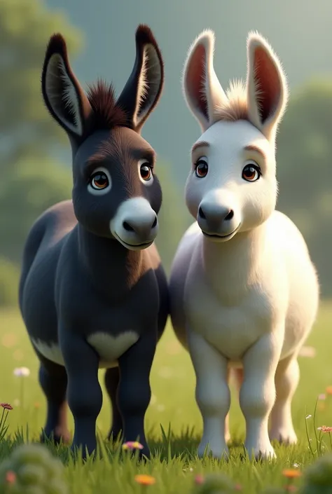 a black and a white donkey standing together