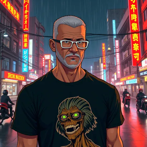 Create a male character inspired by Katsuhiro Otomos distinctive Akira style. Bold, highly detailed and dynamic with a cyberpunk edge. The character has a short, shaven head of grey hair, a short, white beard and wears uniquely designed horizontal white-fr...