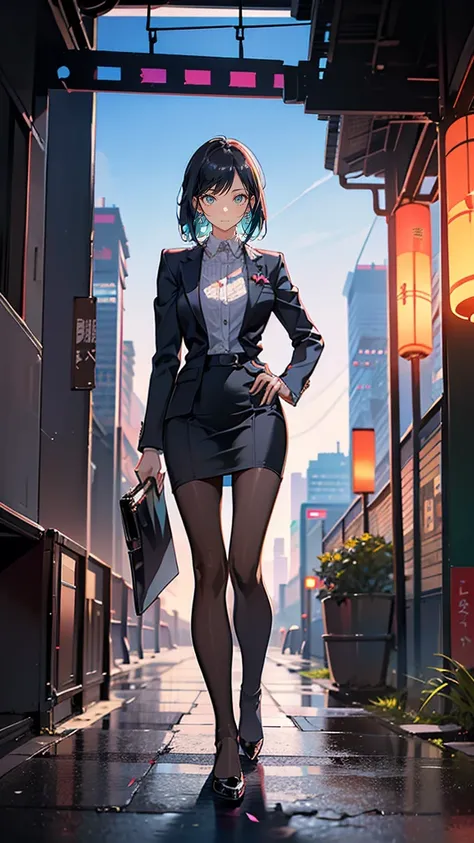 "A Japanese woman in her early 30s, wearing a sleek office outfit, including a tailored blazer and pencil skirt. She has shoulder-length, straight black hair and a pale complexion. Her expression is a mix of anxiety and determination, with dark circles und...