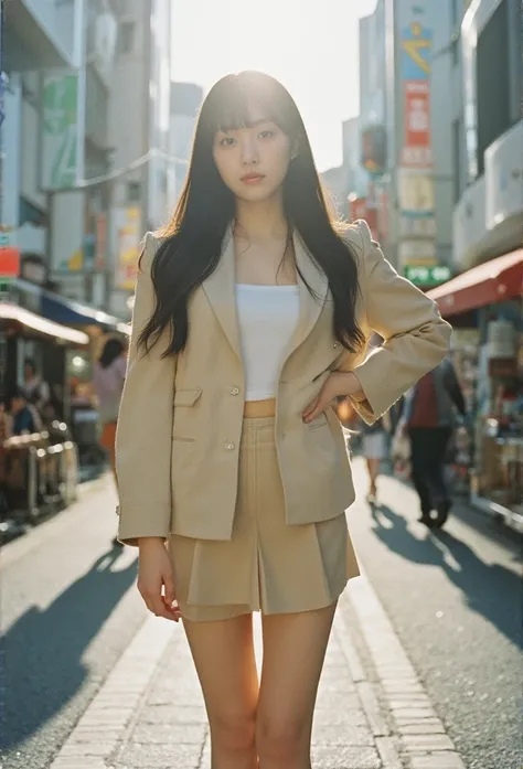 film, Soft, photography, atmosphere, full body,Portrait, Cute Japanese Women,Age 25 years,Bangs, japanese schoolgirl,ชุด japanese schoolgirl,Extra short skirt,stand,(( slender beautiful legs )),Shopping area,Shibuya , natural light, morning light , cute gi...