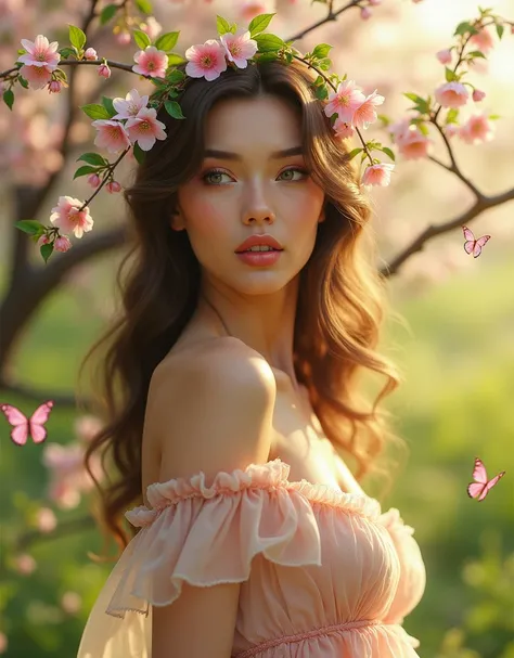 A seductive woman embodying the essence of spring, surrounded by blooming cherry blossoms and soft greenery. She wears a delicate, semi-transparent gown adorned with pastel flowers and leaves, gracefully draping her curves. Her skin glows with a fresh, dew...