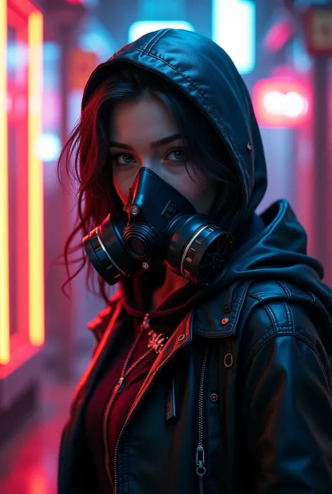 a beautiful girl, cyberpunk style, hood, gas mask, neon lights, high-tech clothing, 