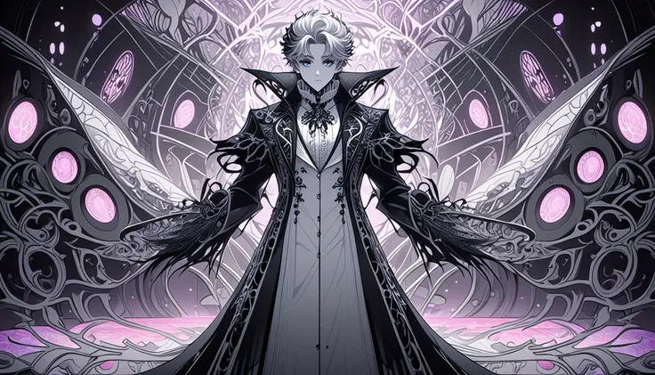 A gorgeous piece depicting a full body man in a gothic style doctors lab coat, created in an anime style illustration to highlight the theme "Bifidobacteria". The design incorporates gothic elements such as lace, ribbons and Victorian details to create an ...