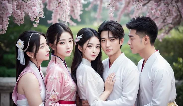 2 Beautiful girls and 1 handsome man, the man stand in the middle hugging 2 girls, large watery eyes, they are looking at each other, Smiling and wearing white clothes, Delicate hair, Ancient Chinese beauty and handsome man, dressed in colorful ancient Chi...