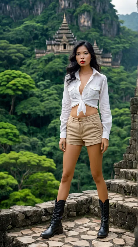 Portrait Realistic Photography 1970s period thai woman standing on a stonecastle. She is wearing a white linen fitting unbutton 2top skinny shirt show her Breasts  and skinny tan shorts. Top boots. And outdoor gear. Her long black hair is styled in loose w...