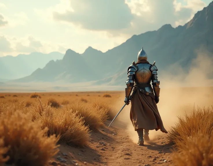 solo focus, Lone knight walking alone in the savana with mountain in the background, wearing broken silver armor and tattered brown robe with sword on his hips, covering his face with robe, dust in the wind, dynamic angle, dramatic light, cinematic effect