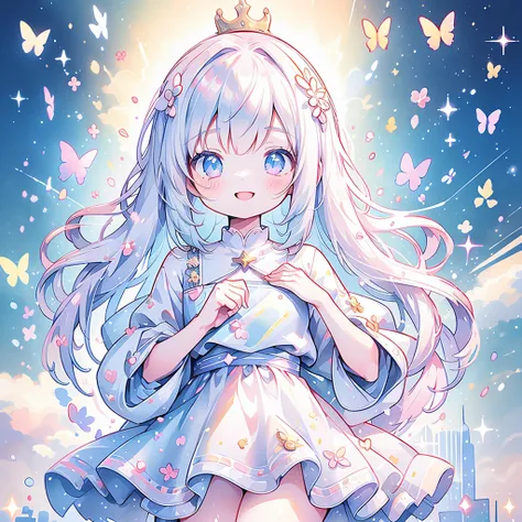 Chibi、cute、1girl, pretty face、Baby Face、((( dynamic best composition with a smile and staring at the top、 top quality、 greatest masterpiece、 super detailed、 high definition)))、 absurd、 fantasy standing in a church、Looking up with a smile 、butterfly style、h...