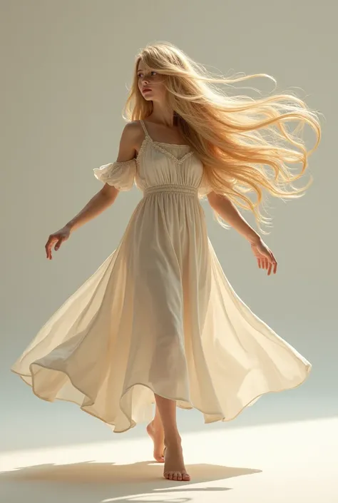 Realistic, full body teen girl, dancing alone, wearing country dress, very long silky blonde feet length hair, dress, (full body shot) ,her hair long at her feet length, she is dancing with her hair dragged along the floor