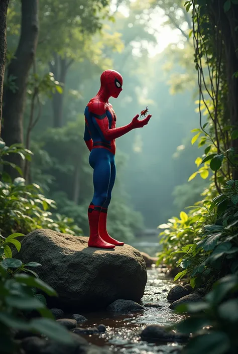 Spider man के हाथ मे एक बजाने वाली सिट्टी है और वो उसे बजा रहा है और वो एक जंगल मे एक पत्थर पर खडा है।