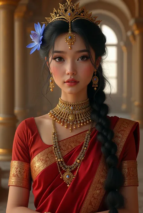 A queen, beautiful and young Queen, fair skin, wearing lots of indian golden jewelry, 4 necklaces lair by lair on neck, wearing a tiny golden diadom on head, long black hair tied in back, red saree dress with golden silk in it, wearing a blue lotus flower ...