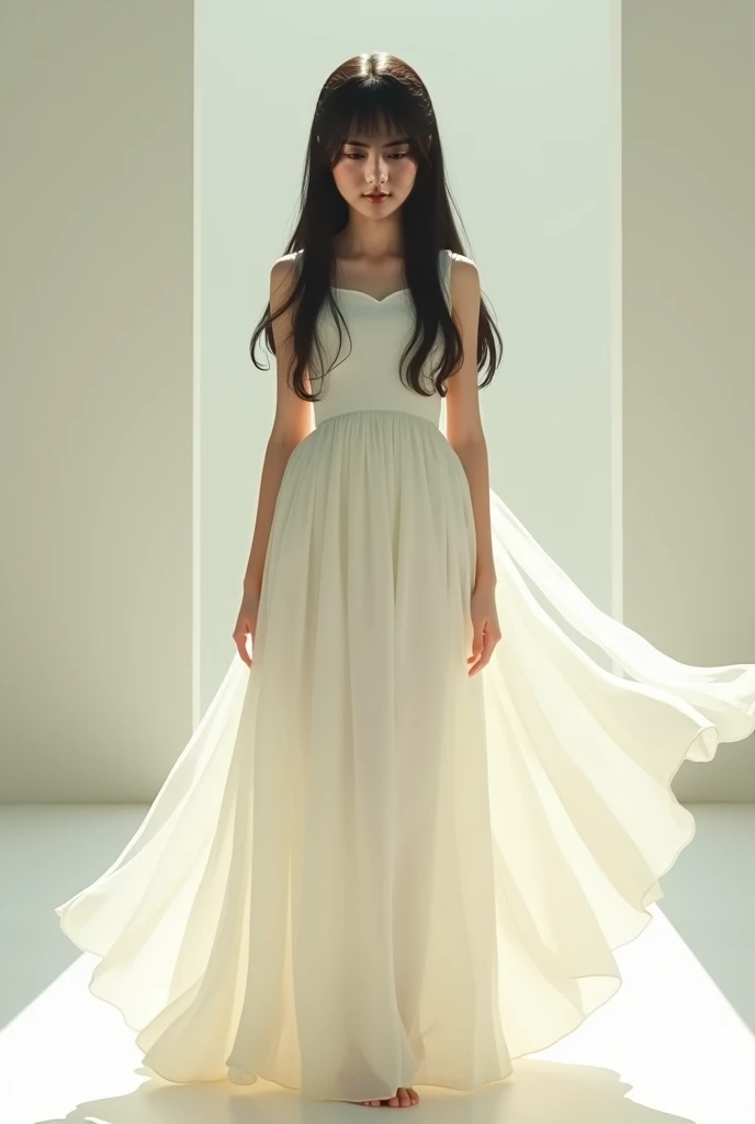 Young girl, long white dress/ STRAIGHT BLACK HAIR