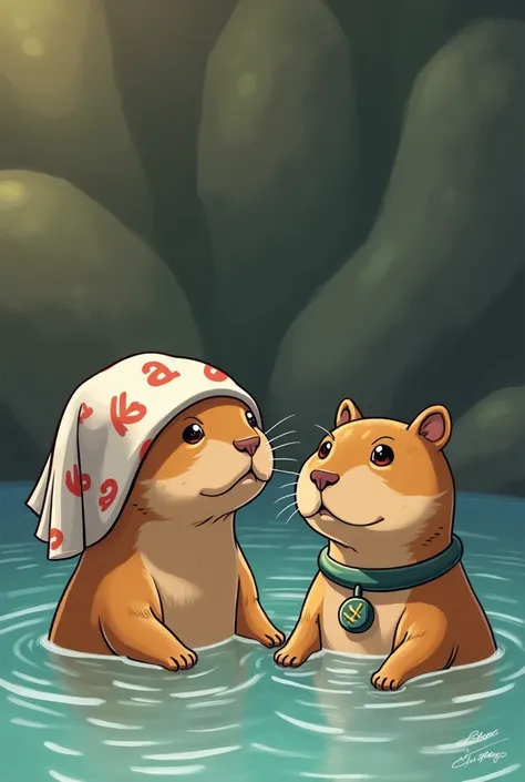  the capybaras are soaking in the hot springs 、 the towel is placed on the head 、The letters kaa on the towel 。 and the cat next to them is trying to get in the hot springs, but they cant get in。 angry 。 with the letters kaa on the cats collar 